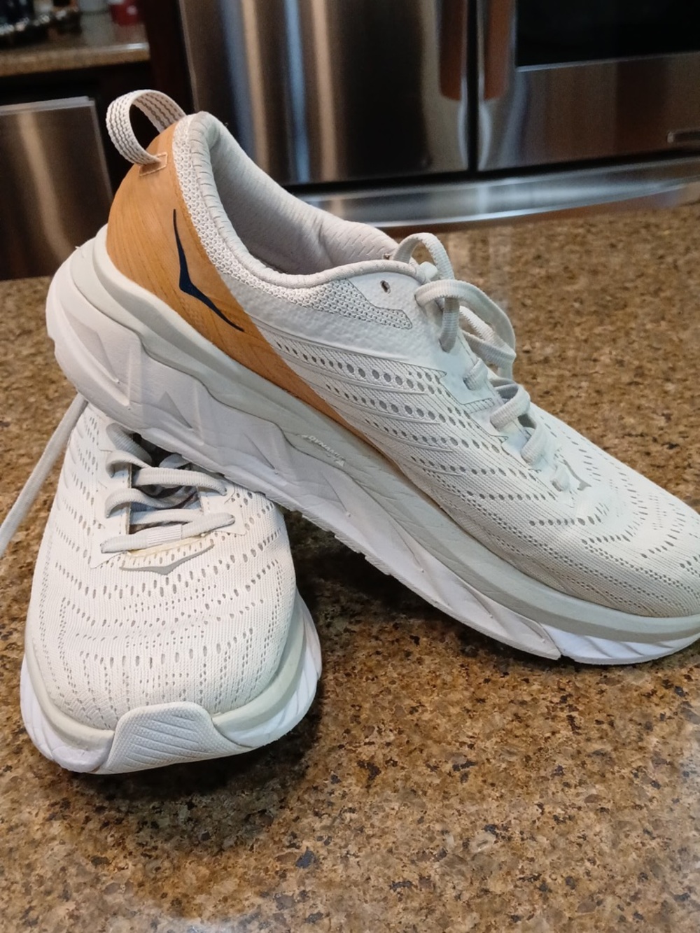 Hoka One One White and Tan Running Sneakers